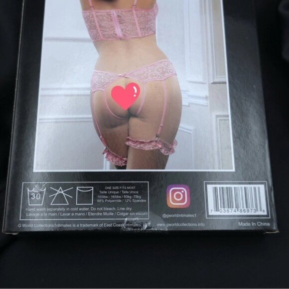 3pc Lace Corset Set Open Crotch Panty Garters Candy Pink O/S G World Intimates - Picture 7 of 7